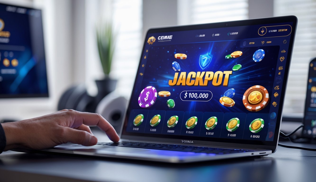 Seseorang sedang bermain permainan kartu online di depan komputer dengan suasana ruang kerja yang rapi dan pencahayaan terang.