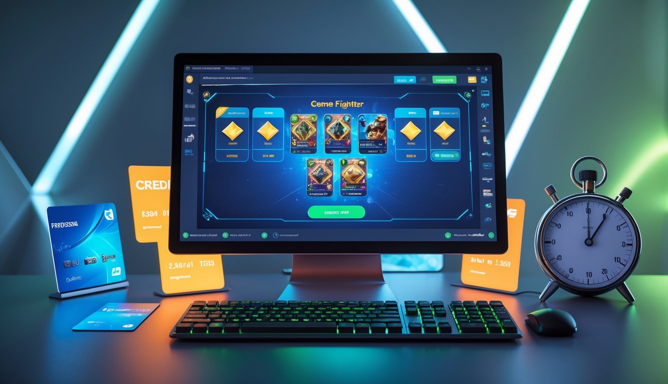 Sebuah meja komputer modern dengan layar menampilkan permainan kartu digital dan ikon pembayaran cepat di sekitarnya.