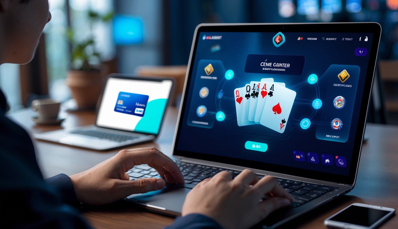 Seorang pengguna sedang bermain permainan kartu online di laptop dengan latar belakang yang menunjukkan sistem pembayaran digital.