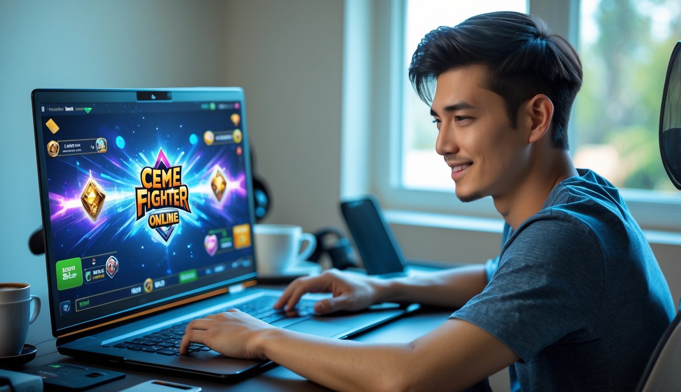 Seorang pria muda duduk di meja dengan laptop, bermain permainan kartu online dengan fokus dan senyum ringan.