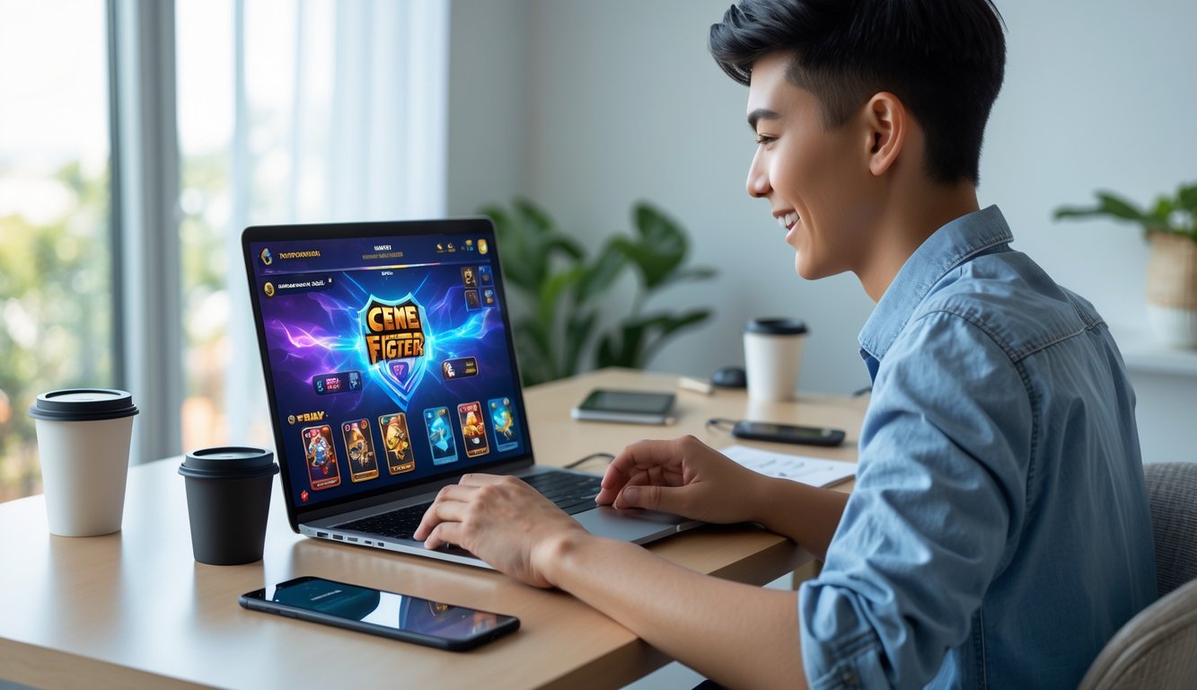 Seseorang sedang bermain permainan kartu online di laptop di ruang kerja rumah yang rapi dan terang.