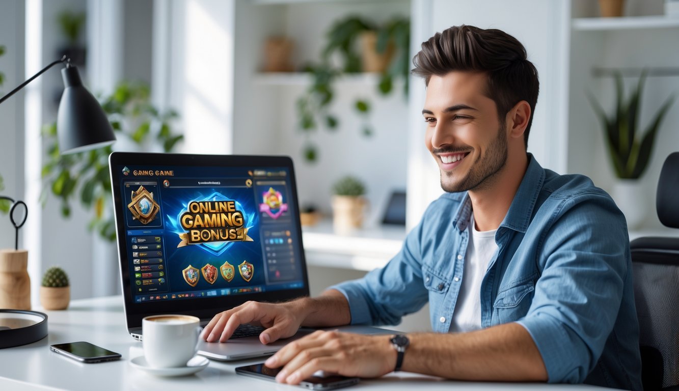 Seorang pria muda duduk di meja kerja dengan laptop, tersenyum sambil melihat layar permainan kartu online.