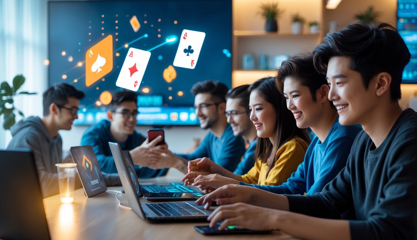 Sekelompok orang muda bermain game kartu online bersama di ruang yang nyaman dengan perangkat elektronik.