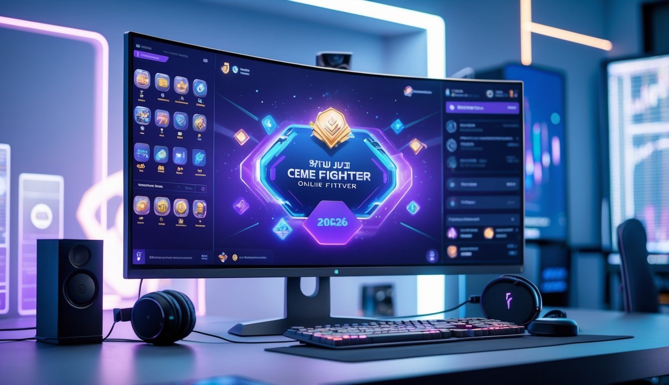 Seorang pria duduk di depan komputer dengan layar menampilkan permainan kartu online, di ruang kerja modern dengan pencahayaan terang.