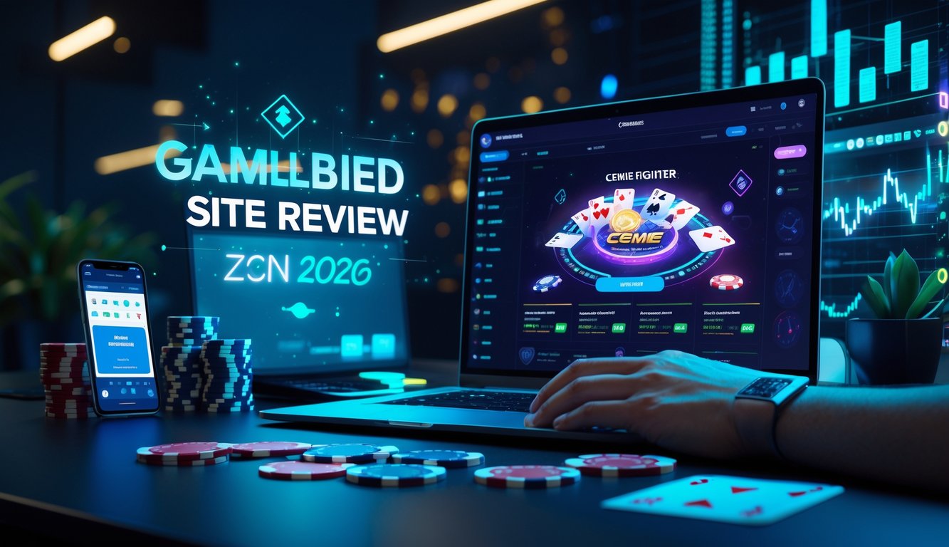 Seseorang menggunakan laptop dengan tampilan permainan judi online Ceme Fighter, dikelilingi oleh chip poker dan kartu di meja kerja yang modern.