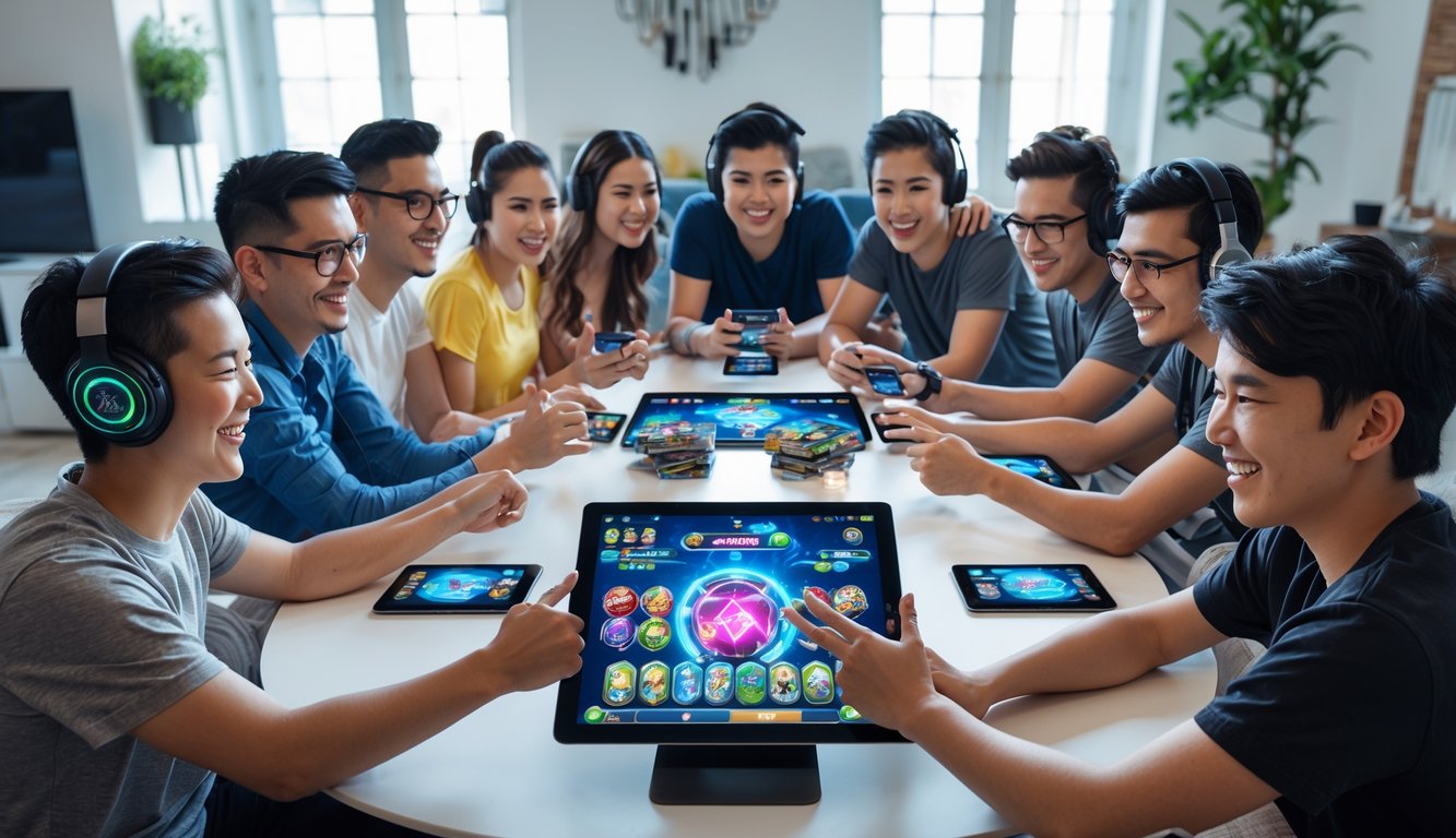 Sekelompok orang bermain permainan kartu online bersama di ruang tamu yang terang dan nyaman, terlihat fokus dan senang.