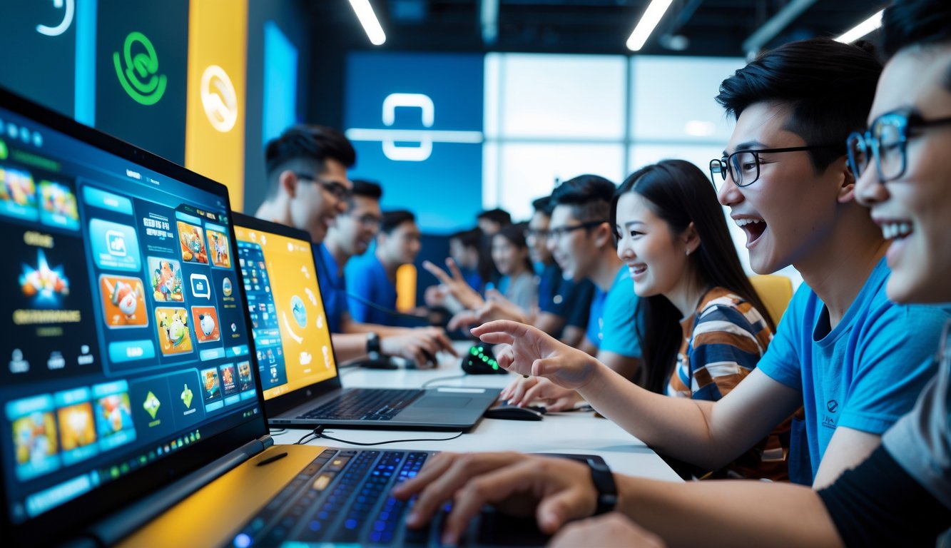 Sekelompok orang bermain permainan kartu online dengan ekspresi senang dan fokus di ruangan modern.