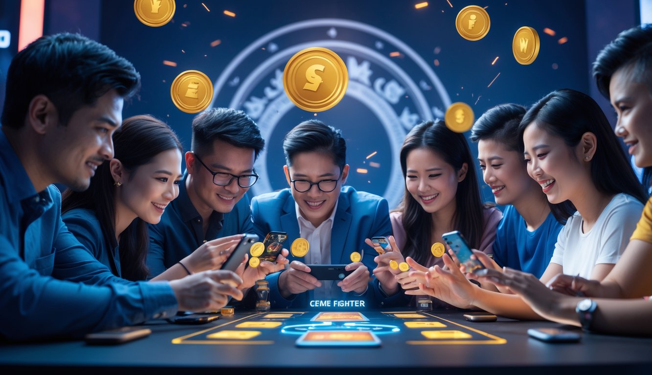 Beberapa orang bermain permainan kartu online bersama menggunakan perangkat digital di lingkungan modern.