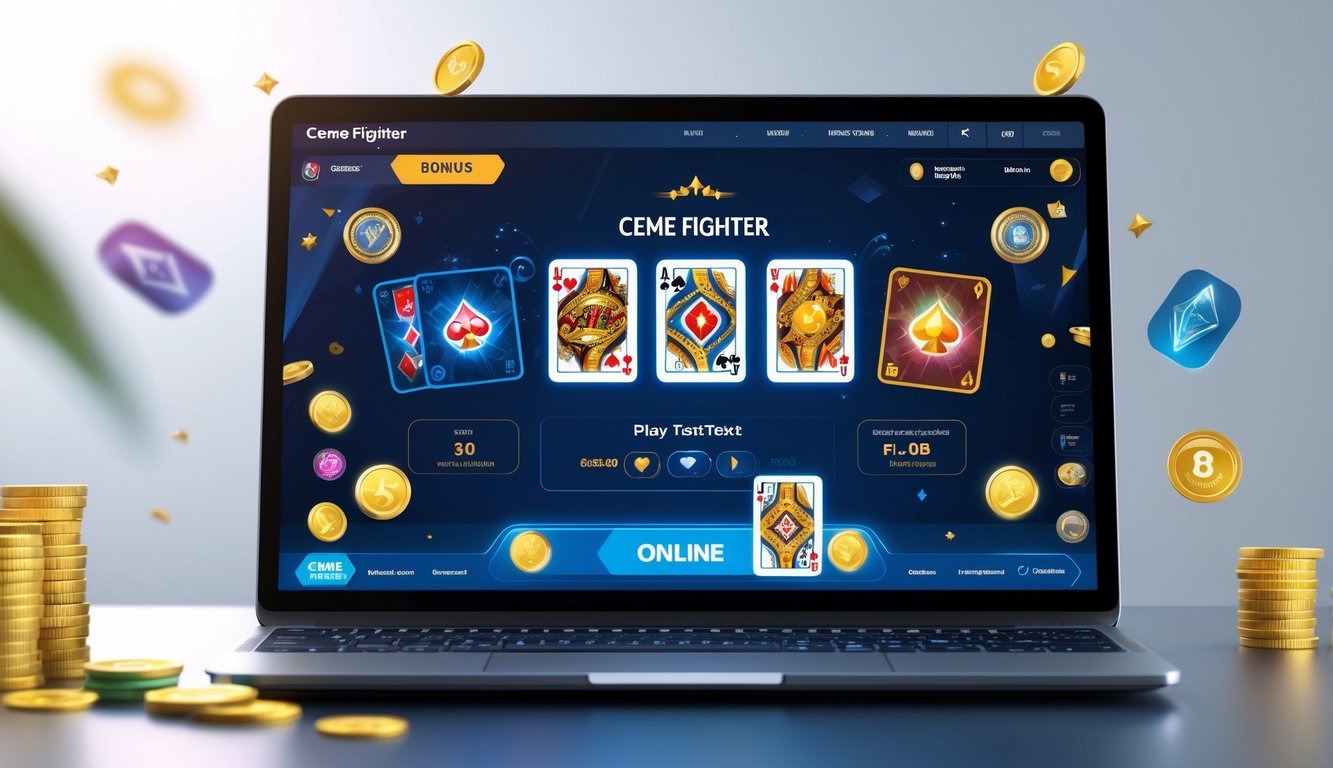 Sebuah perangkat digital menampilkan permainan kartu Ceme Fighter dengan elemen visual yang menunjukkan promosi dan bonus dalam suasana yang menarik.
