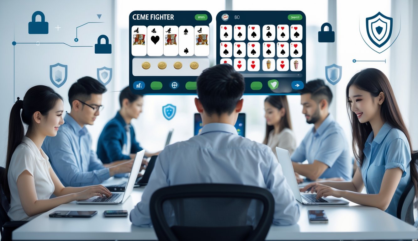 Beberapa orang menggunakan laptop dan ponsel di ruangan terang yang menunjukkan suasana bermain game online dengan simbol keamanan digital di latar belakang.