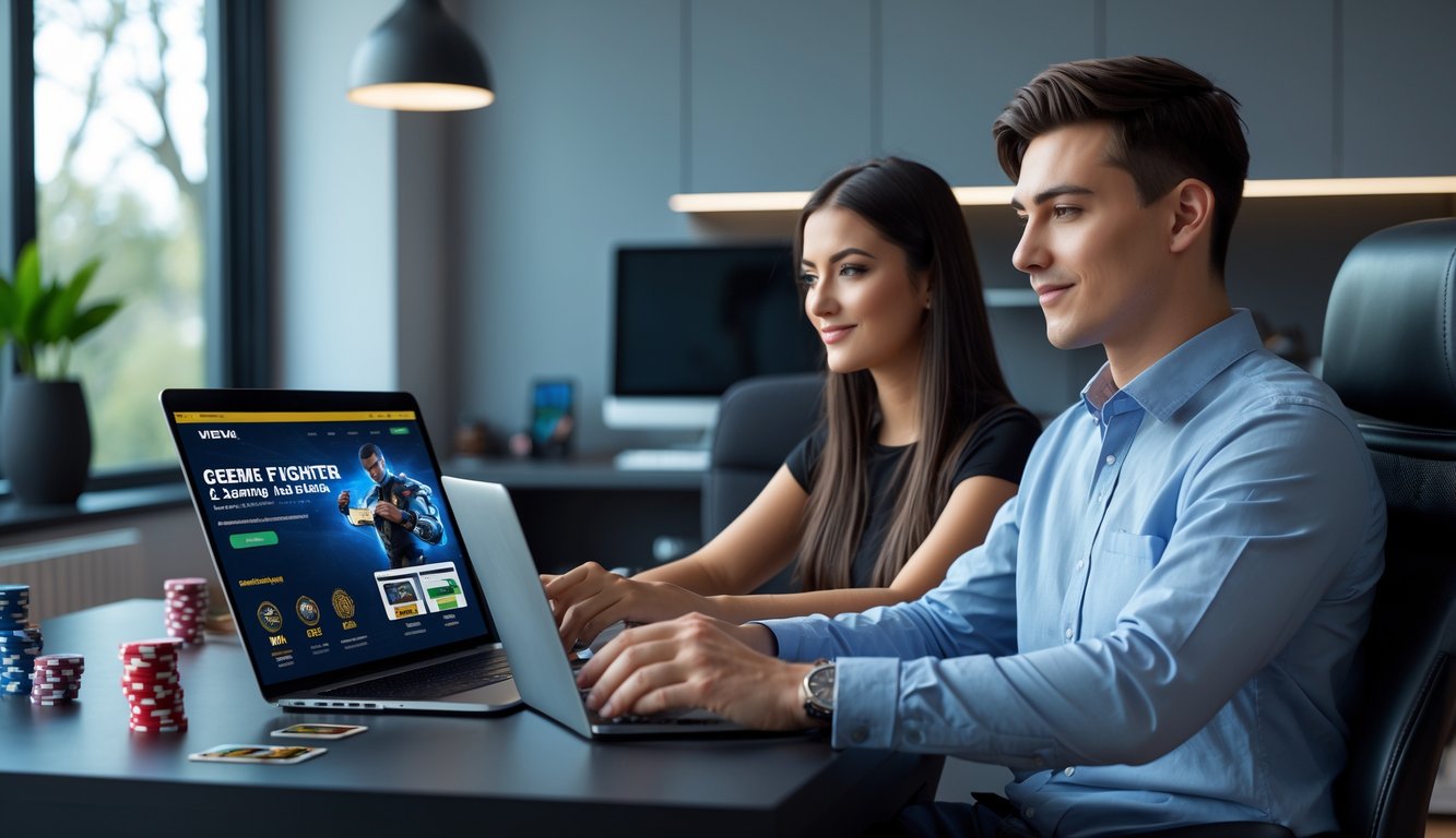 Dua orang muda sedang duduk di meja dengan laptop dan ponsel, terlihat fokus saat menggunakan situs permainan online dalam ruangan kantor rumah yang rapi.