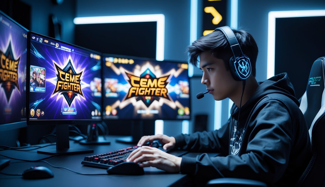 Seorang pria muda sedang bermain game kartu online dengan serius di depan beberapa monitor di sebuah ruangan gaming modern.