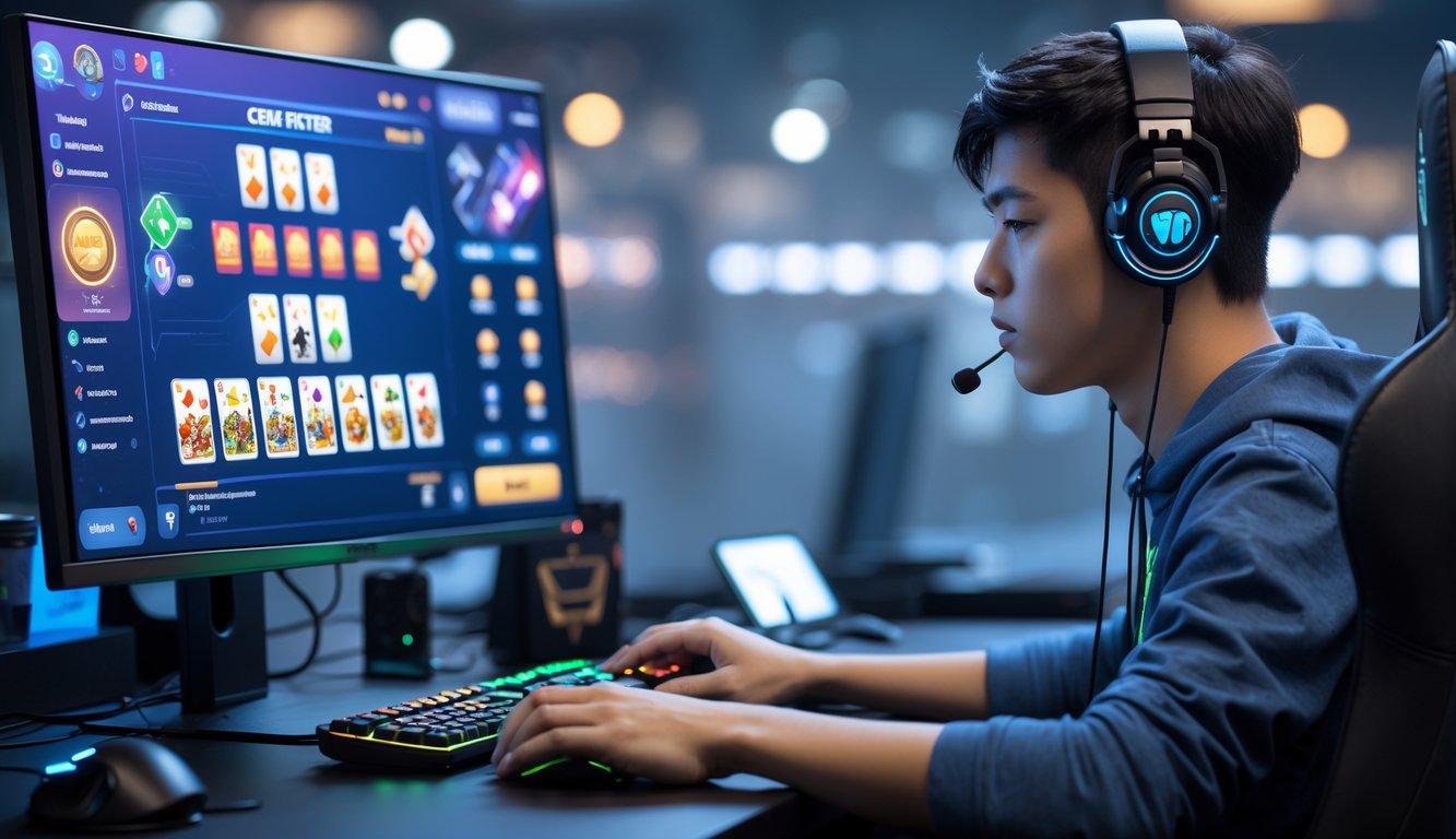 Seorang pria muda sedang bermain permainan kartu Ceme Fighter secara online di depan komputer dengan suasana fokus dan pencahayaan lembut.