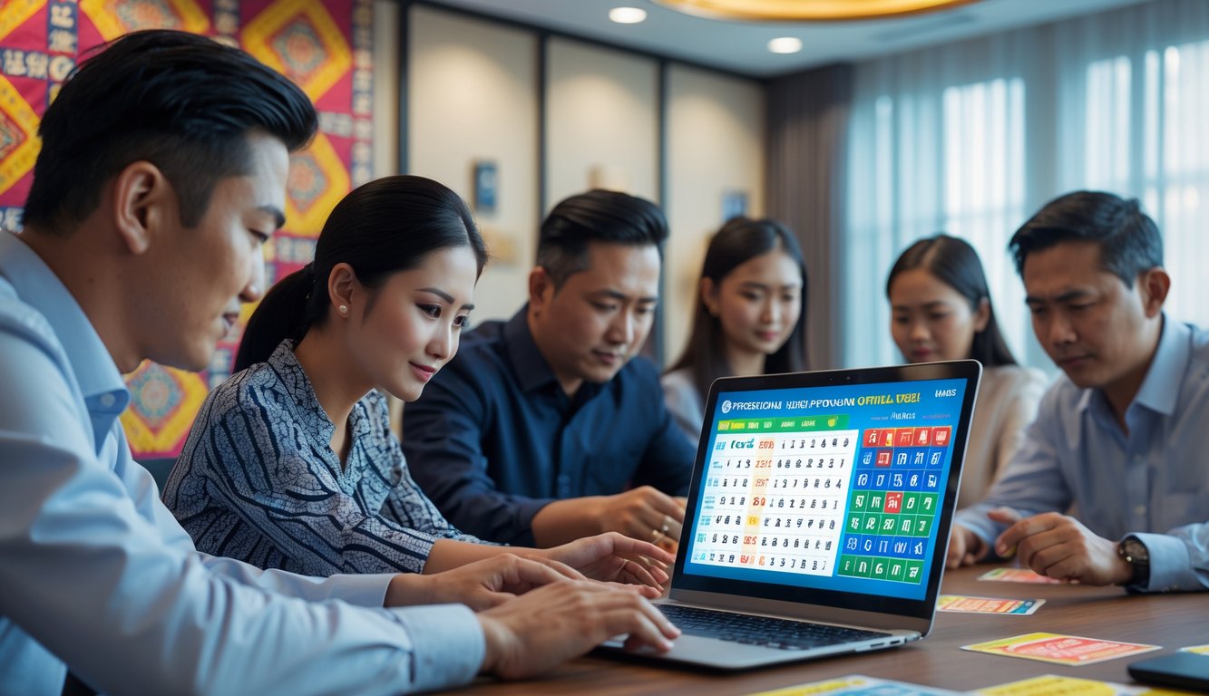 Orang-orang Indonesia sedang menggunakan laptop untuk bermain togel 2D online di sebuah kantor modern.