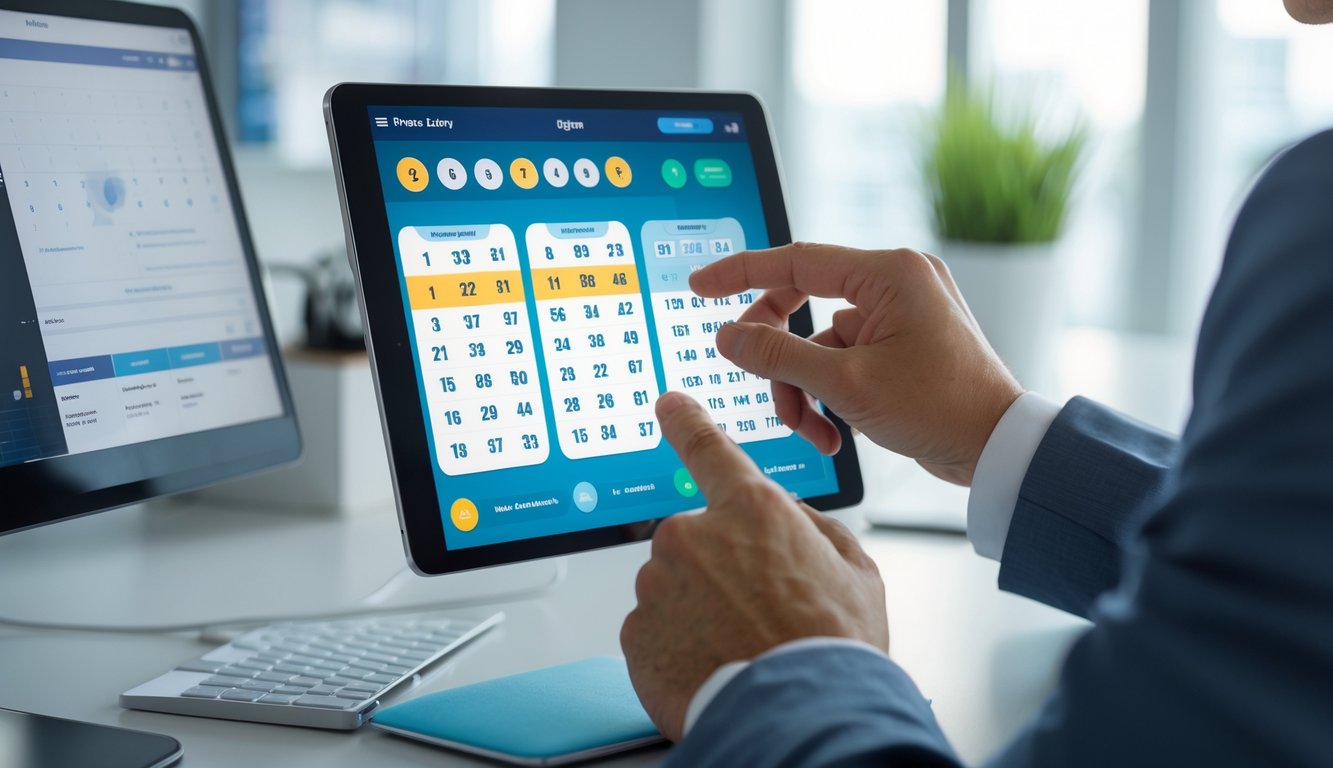 Seseorang sedang memilih angka pada perangkat digital di lingkungan kantor modern.