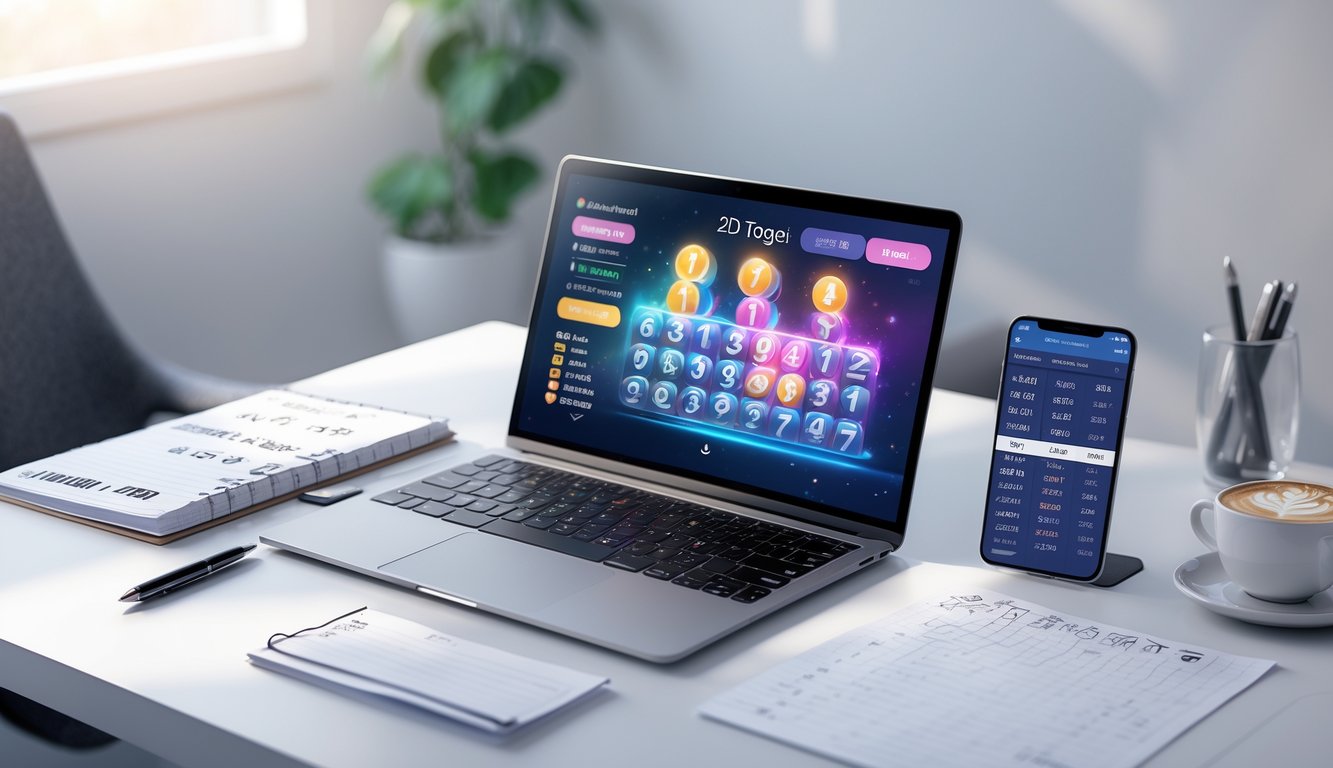 Meja kerja modern dengan laptop yang menampilkan antarmuka digital angka togel, ponsel, buku catatan, pena, dan secangkir kopi.