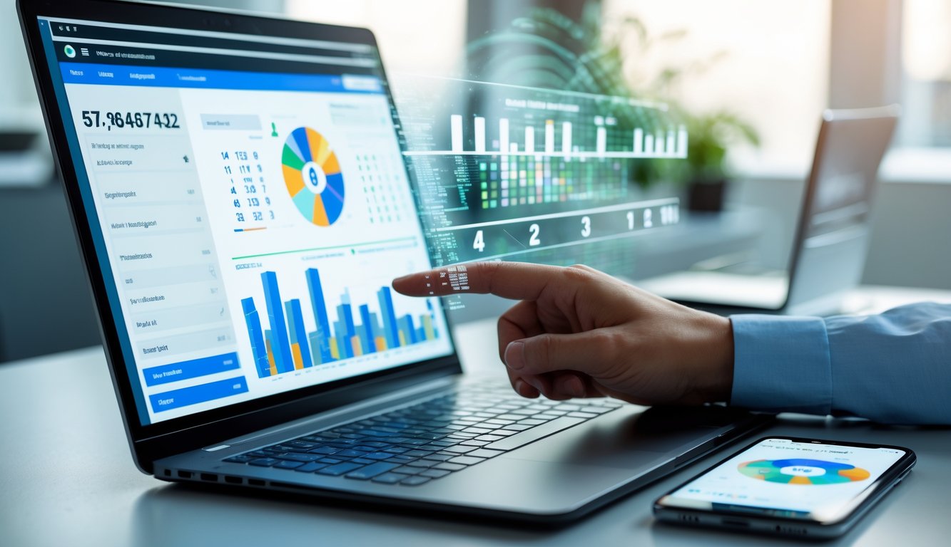 Sebuah meja kerja dengan laptop yang menampilkan grafik prediksi angka togel 2D, tangan seseorang menunjuk layar, dan ponsel di samping laptop.