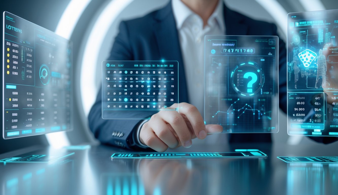 Seorang profesional sedang menganalisis data angka lotere pada layar digital di ruang kerja modern.