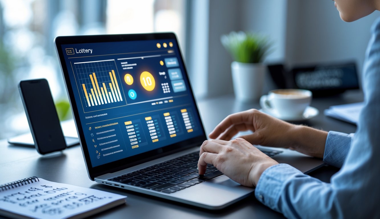 Seseorang menggunakan laptop di meja kerja dengan layar menampilkan grafik dan angka terkait prediksi nomor togel online.
