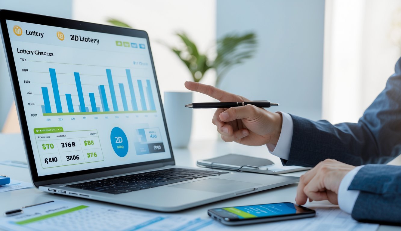 Seseorang sedang menganalisis data togel online di depan laptop dengan catatan dan ponsel di meja kerja.