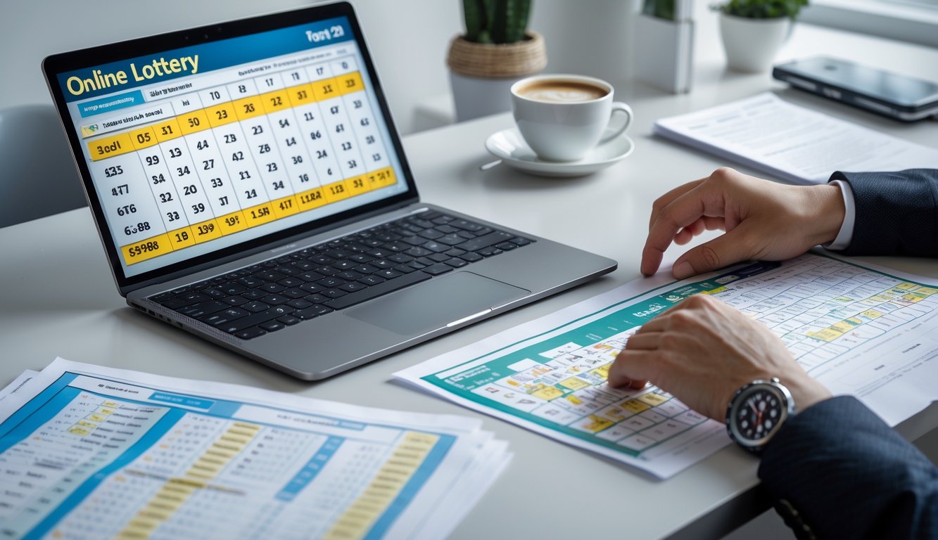 Seorang individu sedang menganalisis data peluang menang togel 2D online dengan laptop dan catatan di meja kerja.