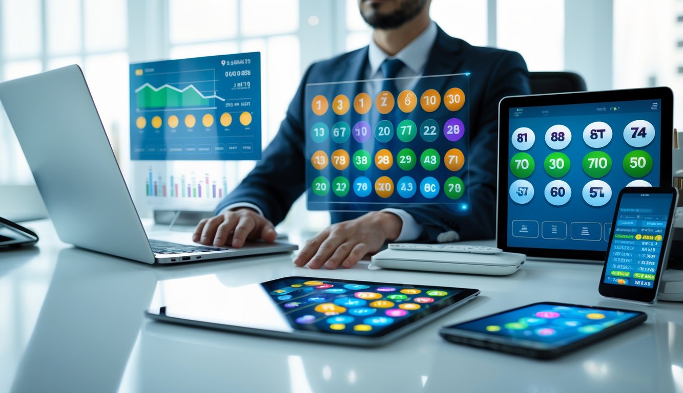 Seseorang yang percaya diri duduk di meja dengan perangkat digital menampilkan angka togel dan grafik pembayaran di kantor modern.