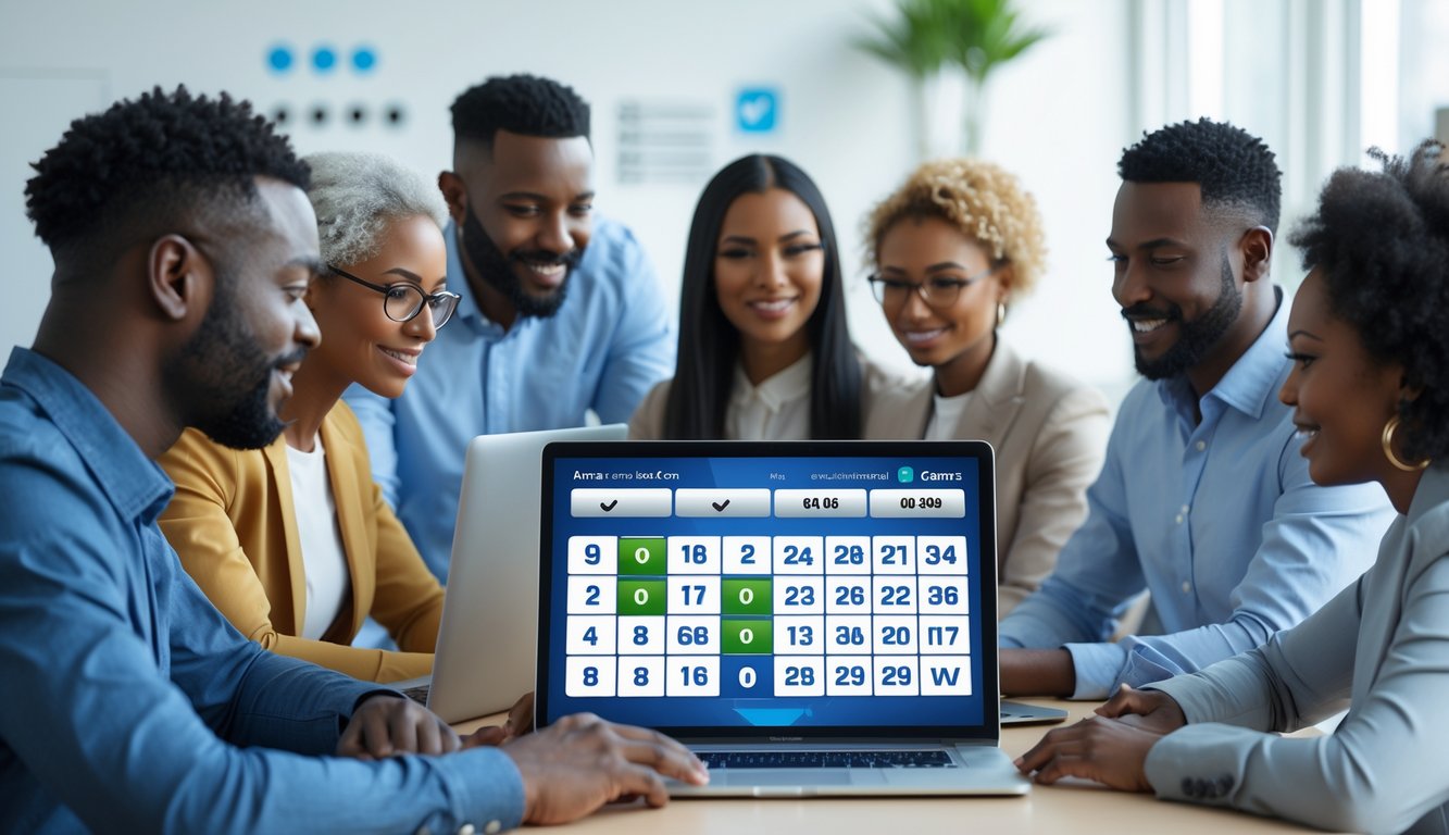 Sekelompok orang dewasa sedang menggunakan laptop dan perangkat digital untuk memilih bandar togel online dengan suasana kantor yang terang dan rapi.