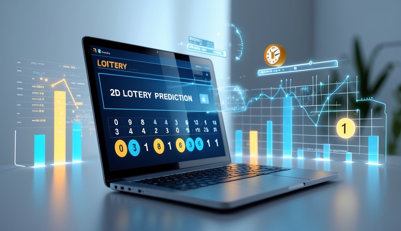 Sebuah laptop di meja kerja modern yang menampilkan antarmuka digital dengan angka dan grafik prediksi togel 2D secara langsung.