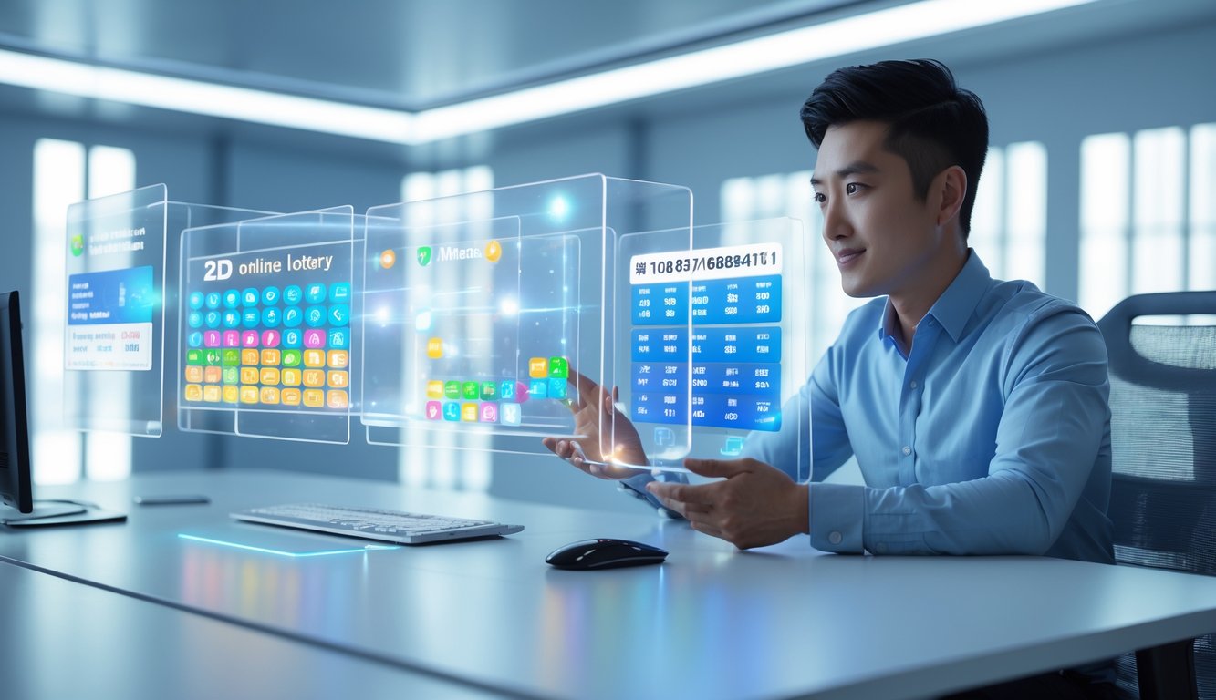 Seorang pria muda duduk di meja dengan layar digital transparan yang menampilkan grafik dan angka prediksi togel online 2D.