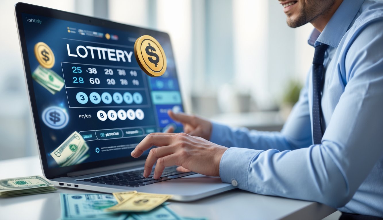 Seseorang menggunakan laptop dengan tampilan antarmuka lotere digital di meja kerja yang rapi.