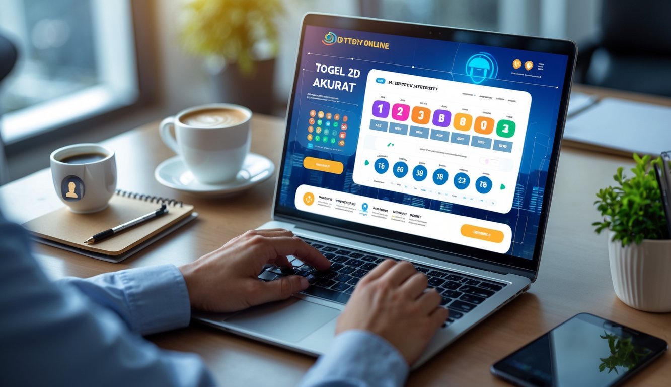 Seorang pria menggunakan laptop di meja kerja dengan tampilan situs togel online yang menampilkan angka dan grafik, di sekitar meja terdapat kopi, ponsel, dan buku catatan.