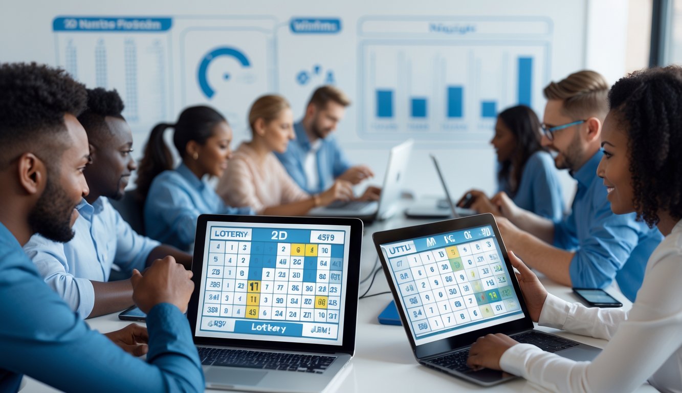 Beberapa orang menggunakan perangkat digital untuk bermain togel online dengan fokus dan serius di sebuah ruang kerja modern.