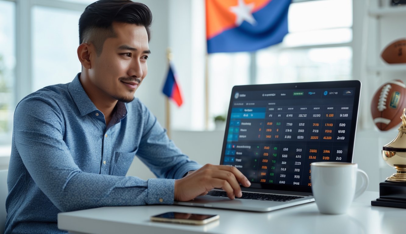Seorang pria Indonesia duduk di meja modern menggunakan laptop dengan tampilan taruhan olahraga, di ruang terang dengan bendera kecil Indonesia dan perlengkapan olahraga di latar belakang.