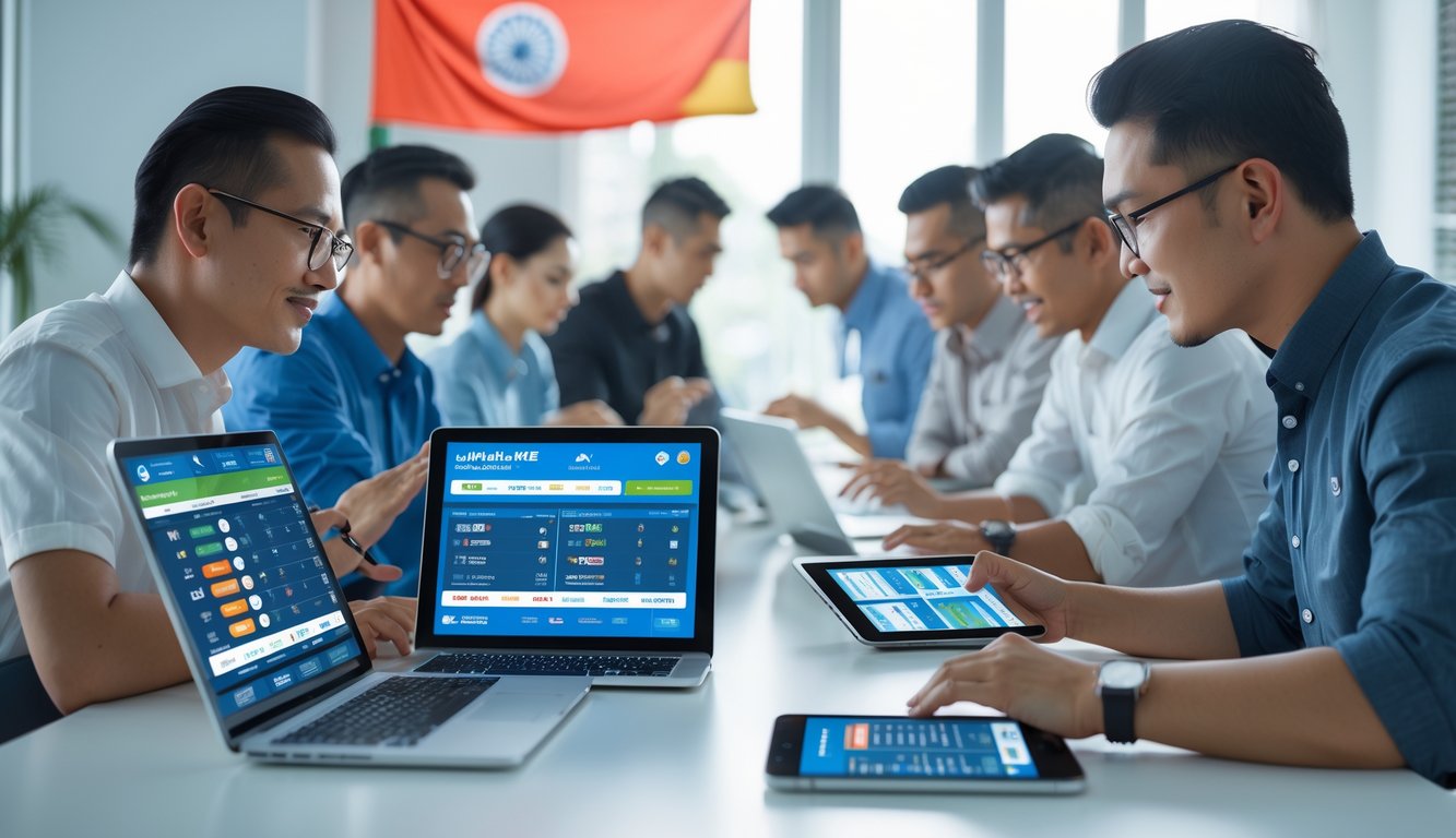 Beberapa orang menggunakan perangkat digital untuk memasang taruhan bola secara online di ruang kerja yang terang dan modern.