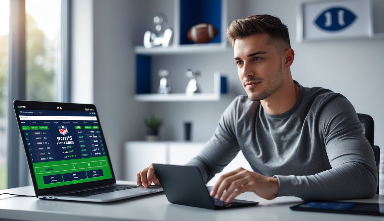 Seorang pria muda duduk di meja dengan laptop dan ponsel yang menampilkan taruhan bola secara online.