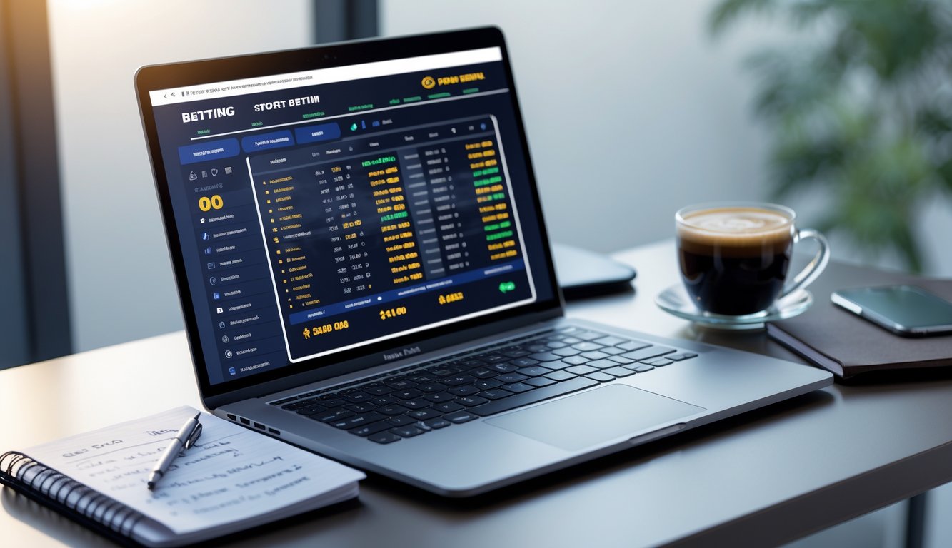 Seorang pria duduk di depan laptop dengan tampilan situs taruhan bola online, dikelilingi oleh ponsel, buku catatan, dan secangkir kopi di meja kerja.