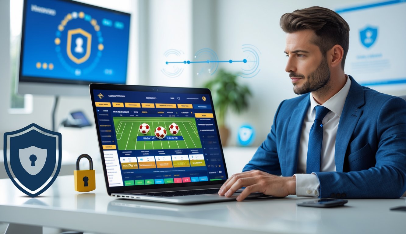Seorang pria duduk di meja kerja dengan laptop yang menampilkan antarmuka taruhan bola, dikelilingi simbol keamanan dan kepercayaan dalam suasana kantor modern.