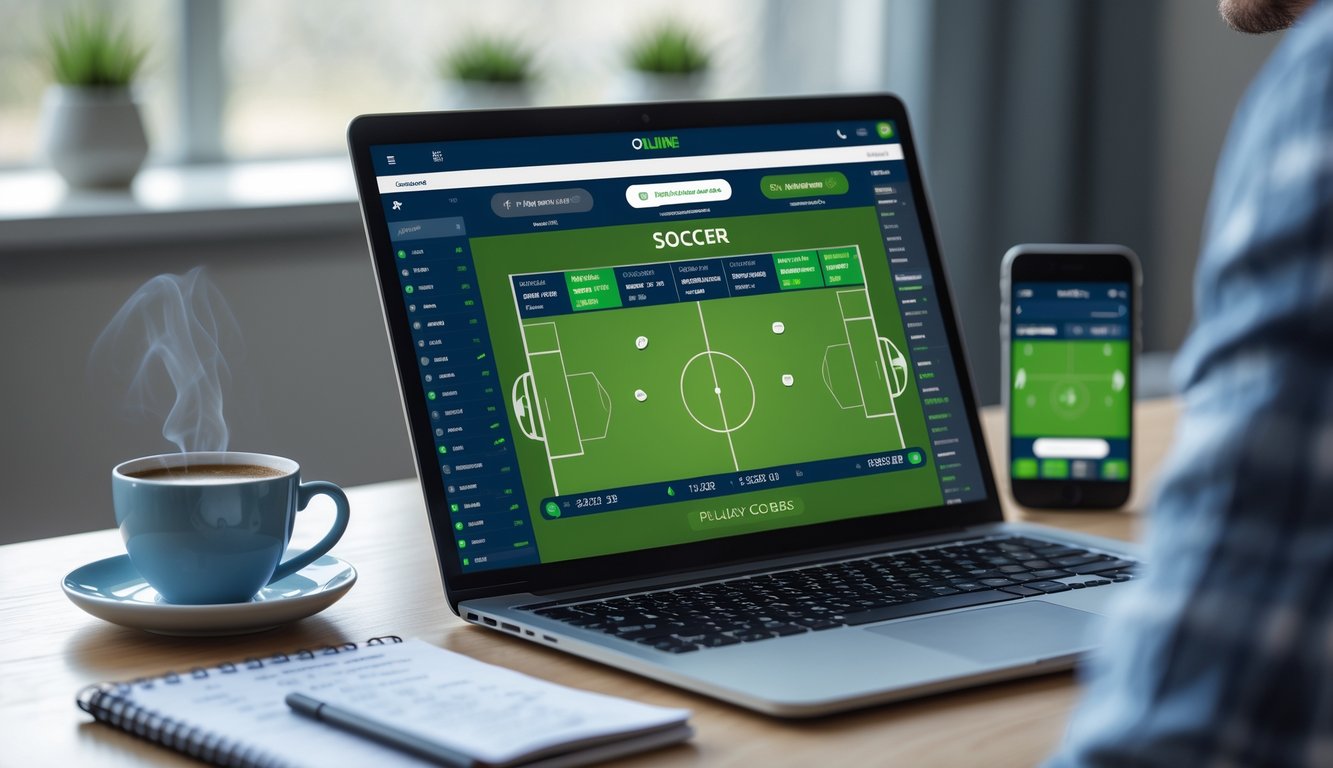 Seorang pengguna sedang melihat layar perangkat dengan tampilan taruhan bola online, dikelilingi oleh kopi dan ponsel di meja kerja.