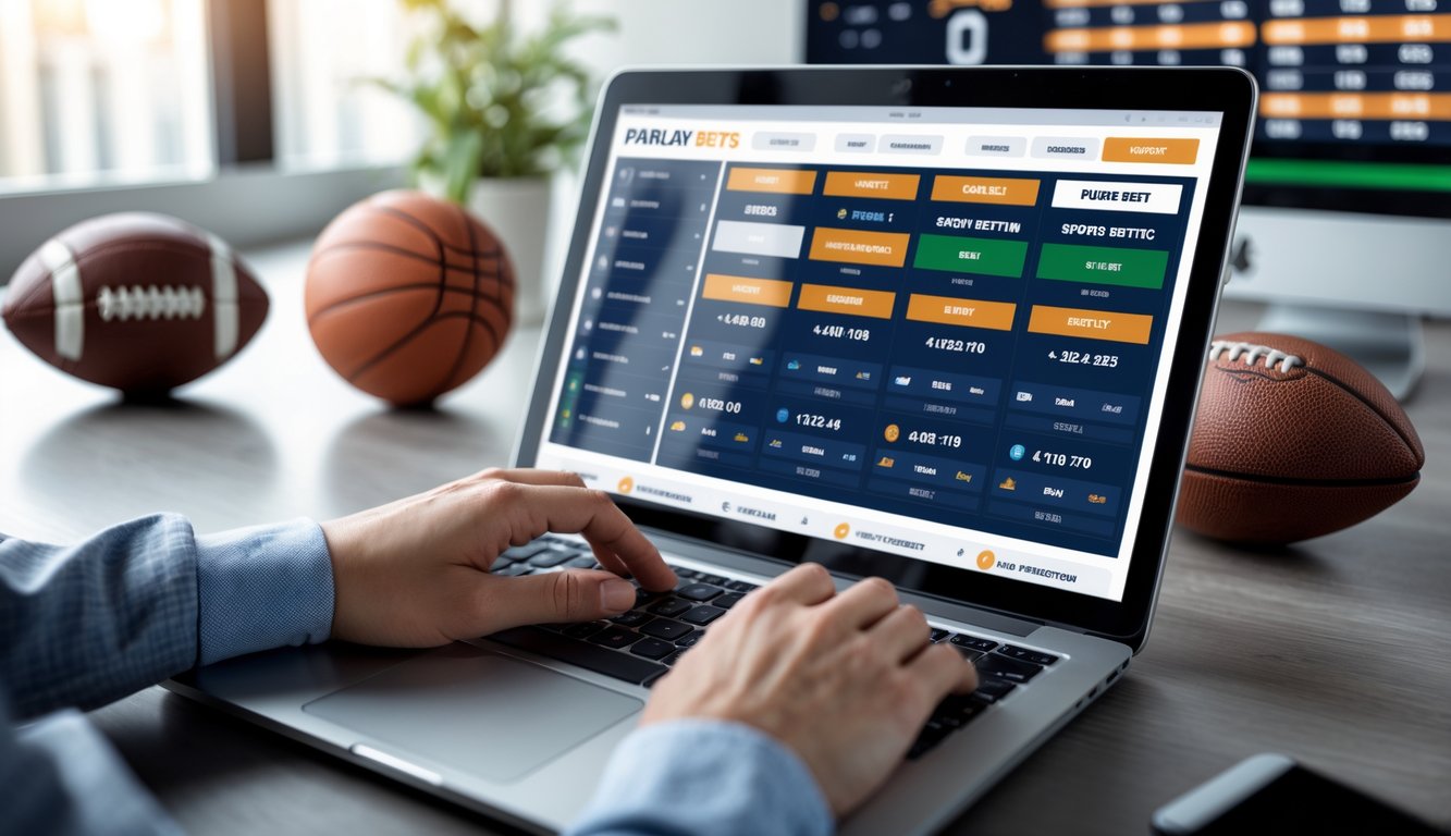 Seseorang menggunakan laptop di meja kerja dengan tampilan situs taruhan olahraga dan beberapa bola olahraga di sekitar.