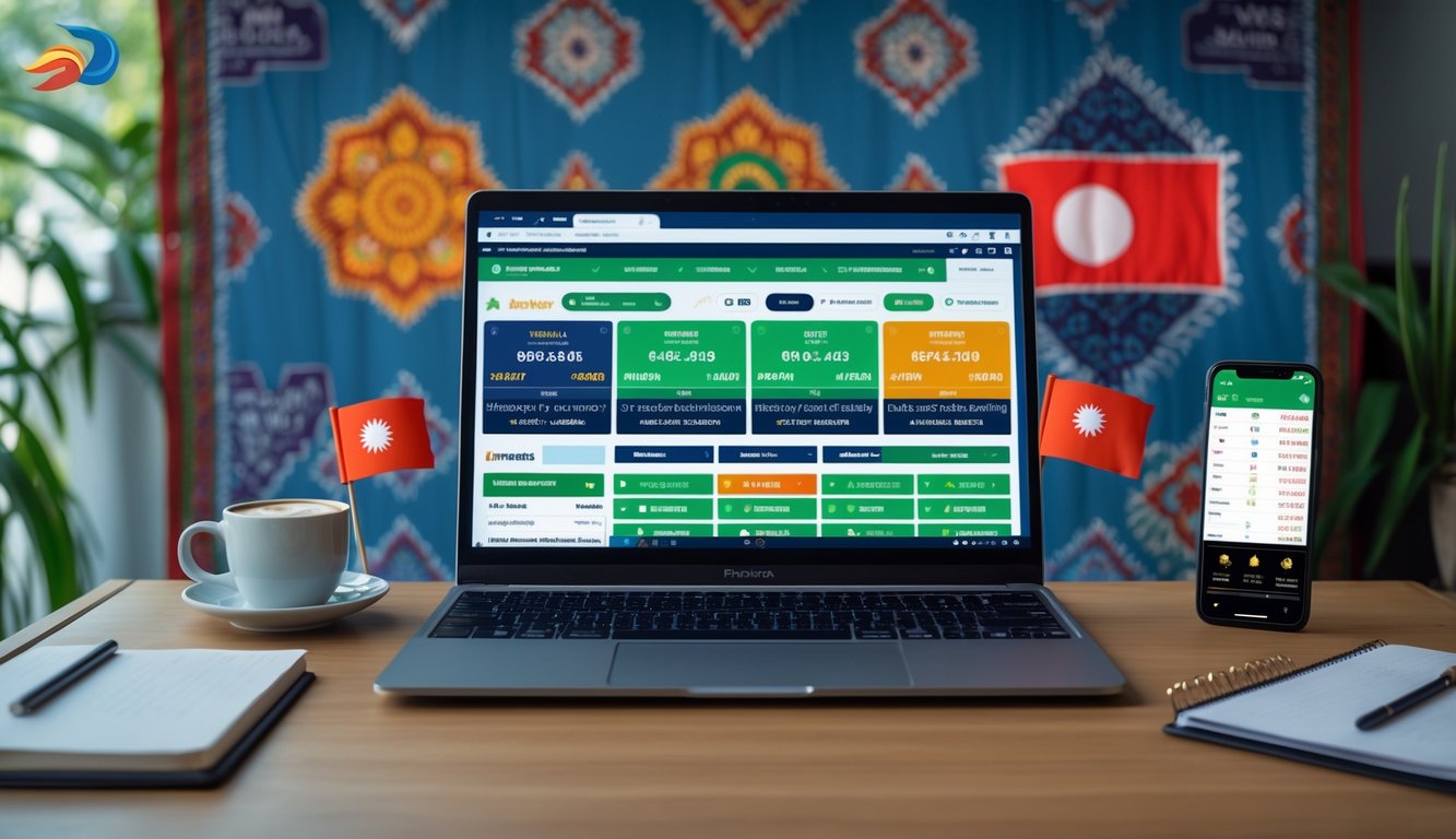 Seorang pria menggunakan laptop di meja kerja dengan layar menampilkan situs taruhan olahraga, dikelilingi oleh elemen budaya Indonesia seperti bendera kecil dan pola batik.