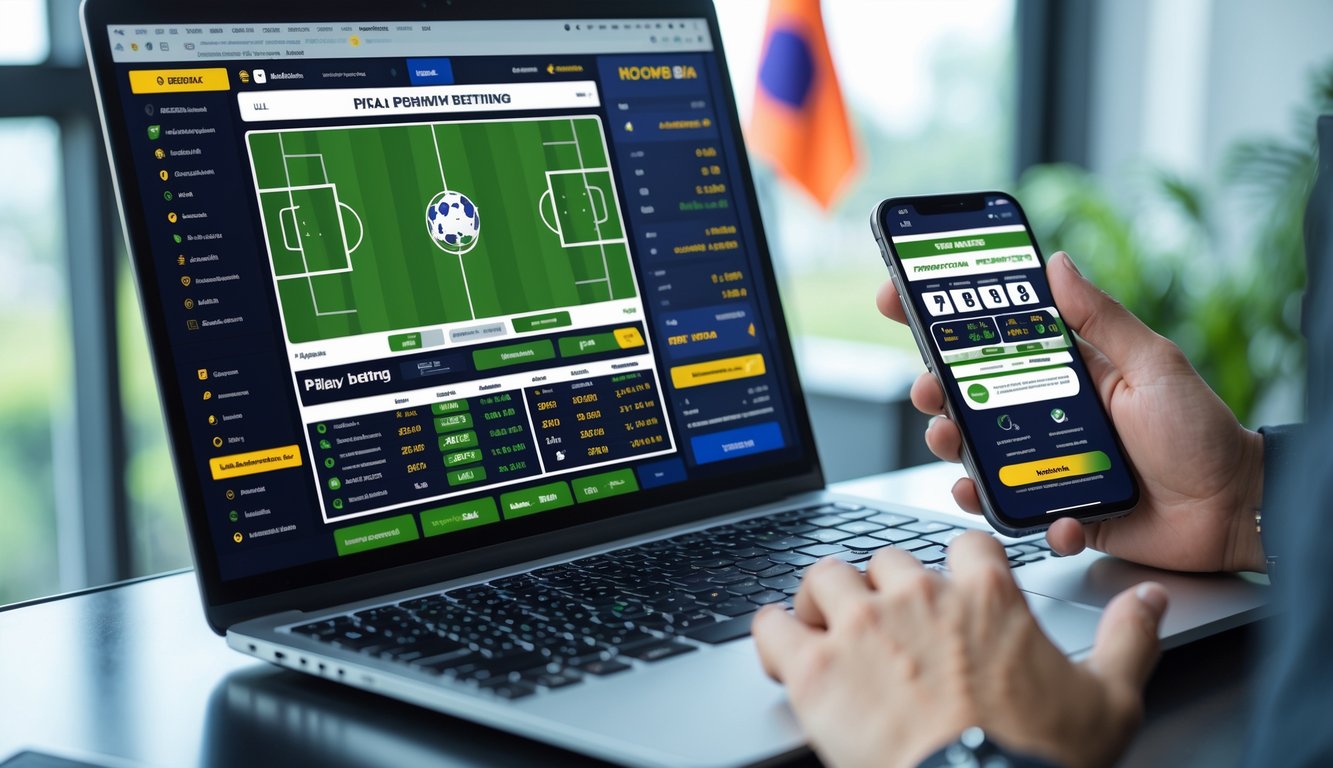 Seseorang menggunakan laptop dan ponsel untuk memasang taruhan bola secara online di sebuah meja kerja dengan dekorasi kecil bergaya Indonesia.