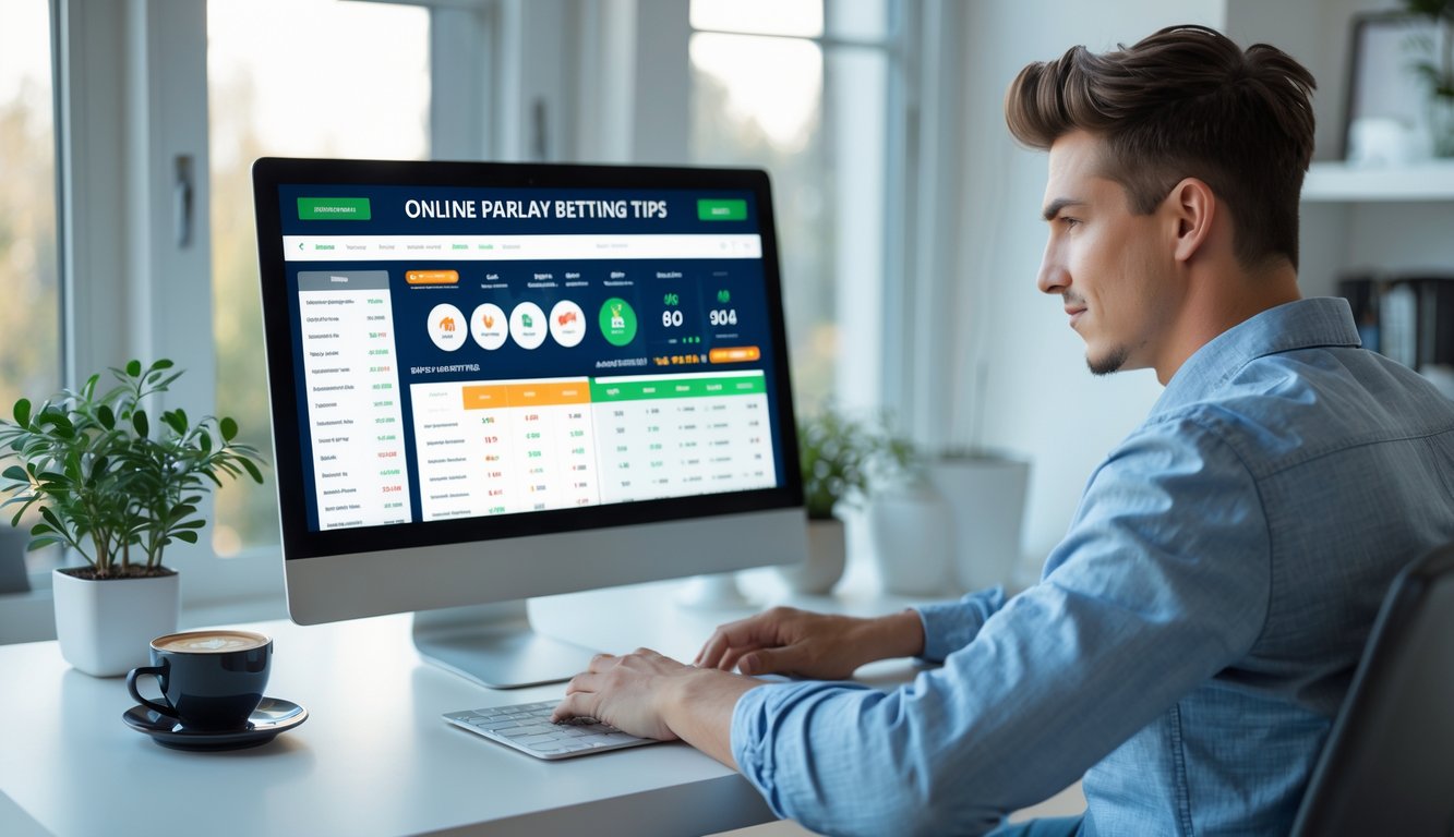 Seorang pria muda duduk di meja dengan laptop yang menampilkan statistik taruhan olahraga, di ruang kerja rumah yang terang dan rapi.