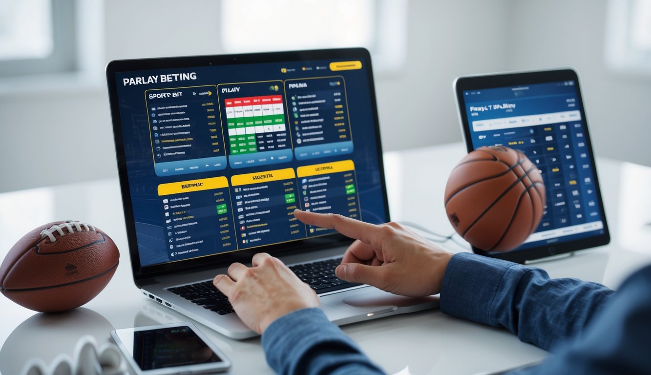 Seseorang menggunakan laptop dengan tampilan taruhan olahraga online dan beberapa bola olahraga di meja.