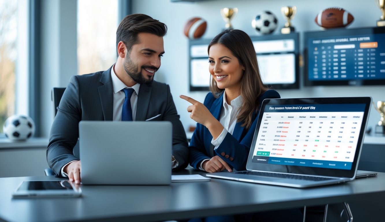 Dua orang profesional sedang berdiskusi di depan laptop dengan tampilan statistik sepak bola di layar, di sebuah kantor modern.