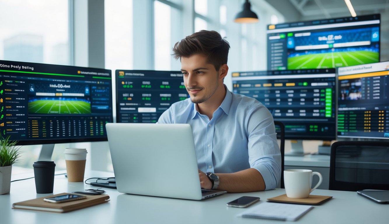 Seorang pria muda duduk di meja kerja dengan laptop dan beberapa layar menampilkan pertandingan sepak bola dan data taruhan online.
