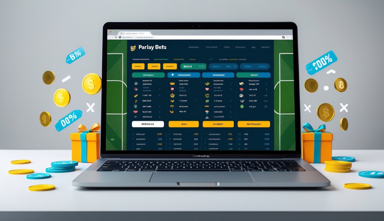 Seseorang menggunakan komputer dengan layar menampilkan situs taruhan olahraga dengan berbagai opsi taruhan dan simbol bonus di sekitarnya.
