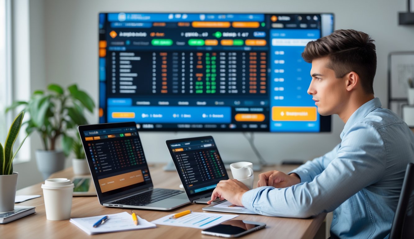Seorang pria muda sedang duduk di meja dengan beberapa perangkat digital yang menampilkan data taruhan olahraga, tampak fokus menganalisis strategi taruhan parlay online.