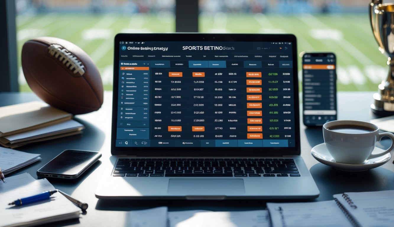 Meja kerja modern dengan laptop yang menampilkan antarmuka taruhan olahraga, ponsel dengan skor pertandingan, catatan, dan cangkir kopi.
