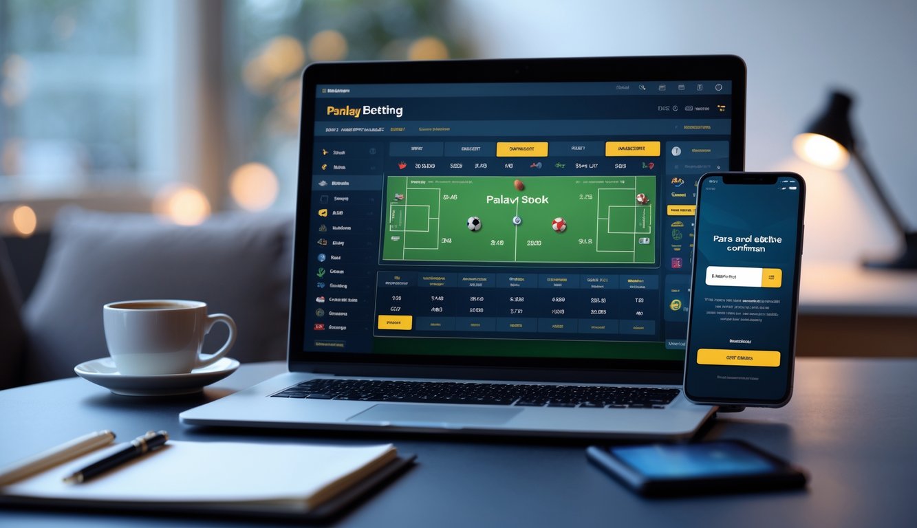 Seorang pengguna sedang menggunakan laptop dan ponsel untuk memasang taruhan bola secara online dengan suasana kerja yang rapi dan tenang.