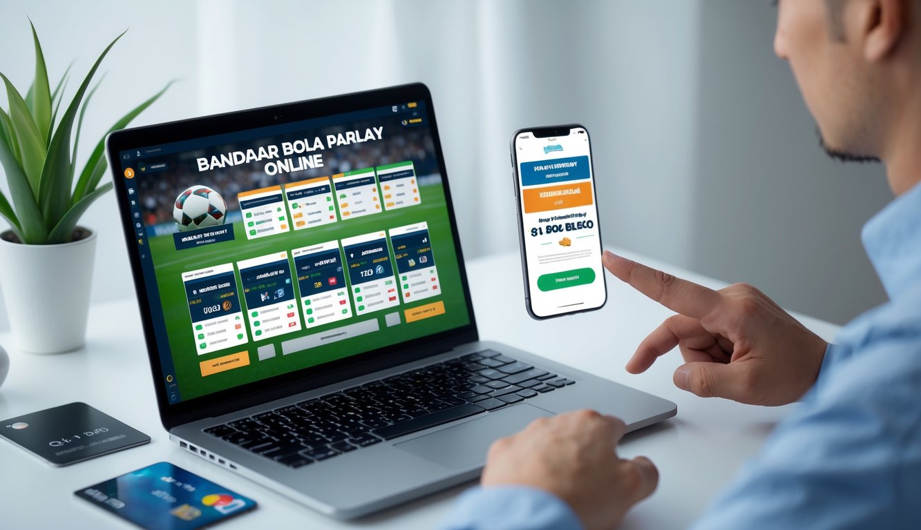 Seseorang menggunakan laptop dan ponsel untuk bertaruh bola secara online dengan pembayaran cepat dan aman.